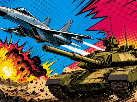 General Dynamics US3695501086 Rüstungsbranche als bunter Pop-Art-Comic mit stilisiertem Kampfjet und Panzer - Foto: THN