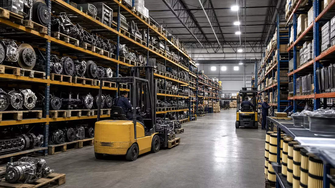Fotorealistisches Lager von Genuine Parts Company mit Kfz-Ersatzteilen und Gabelstaplern