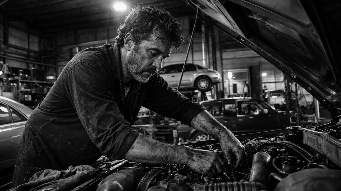 Schwarzweiß-Reportage eines Mechanikers bei Genuine Parts Company in der Reparaturwerkstatt