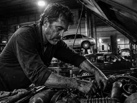 Genuine Parts Company Werkstatt – Schwarzweiß-Reportage eines Mechanikers bei der Arbeit, ISIN US3724601055 - Foto: THN