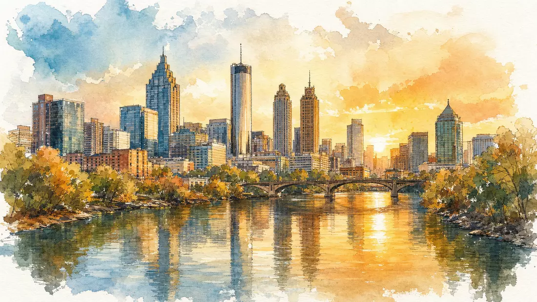 Aquarell der Atlanta-Skyline als Sitz von Genuine Parts Company an der Flussbiegung