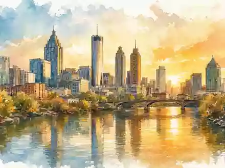 Genuine Parts Company Hauptsitz Atlanta – Aquarell der Skyline am Fluss, ISIN US3724601055 - Foto: THN