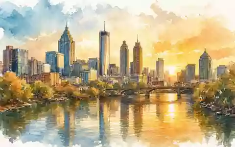 Genuine Parts Company Hauptsitz Atlanta – Aquarell der Skyline am Fluss, ISIN US3724601055 - Foto: THN