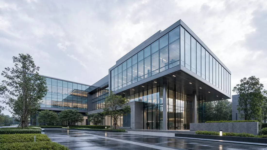 CGI-Architekturrender des modernen Glasgebäude-Hauptsitzes von Genuine Parts Company