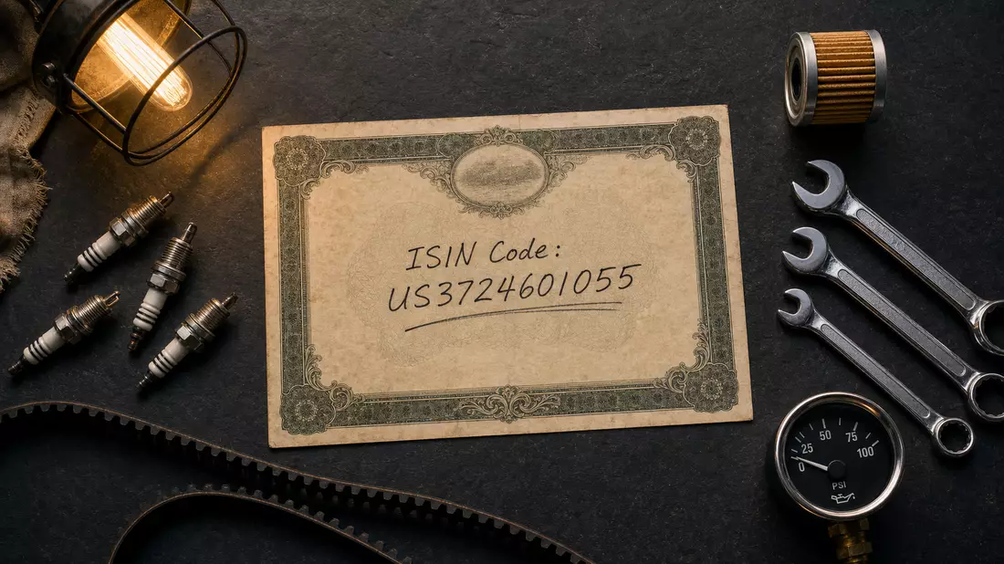 Flatlay mit Aktienzertifikat, ISIN US3724601055 und Kfz-Teilen von Genuine Parts Company auf Schiefer