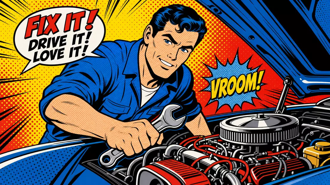 Farbiger Pop-Art-Comic eines Mechanikers mit Schraubenschlüssel am Kfz-Motor für Genuine Parts Company