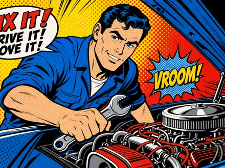 Genuine Parts Company Pop-Art-Comic zeigt Mechaniker mit Schraubenschlüssel am Kfz-Motor, ISIN US3724601055 - Foto: THN