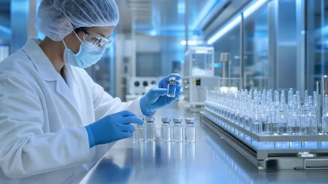 Fotorealistisches Labor mit Impfstoffampullen und Wissenschaftler in Schutzkleidung