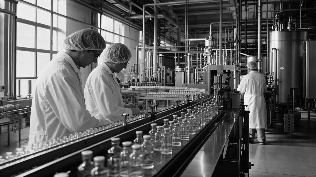 Schwarzweiß-Dokumentarfoto einer pharmazeutischen Produktionslinie mit Arbeitern
