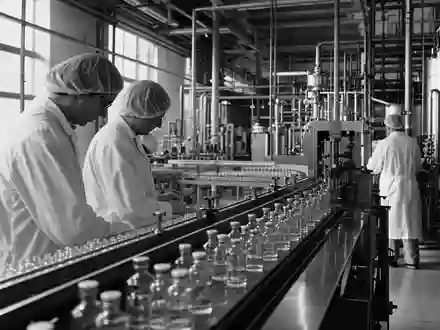 Schwarzweiß-Reportage aus Produktionsanlage illustriert Pharmasektor von Merck & Co. Inc., ISIN US58933Y1055, dokumentarisch fotografiert - Foto: THN