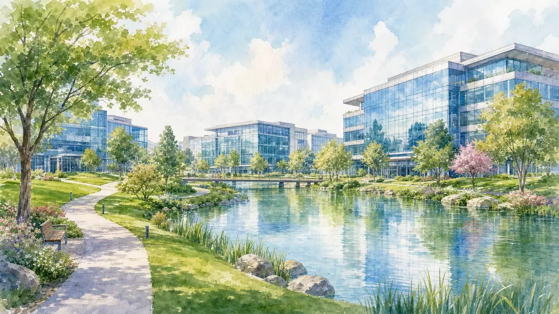 Aquarellbild eines modernen Forschungscampus mit Teich und Glasgebäuden