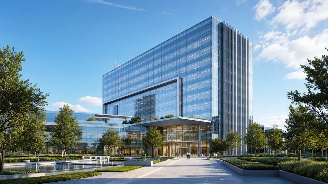 3D-Architekturrender eines gläsernen Forschungsgebäudes mit Grünanlagen