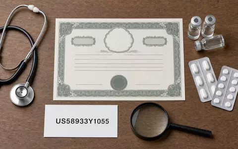 Flatlay mit Aktienzertifikat und ISIN-Karte US58933Y1055 zeigt Investment in Merck & Co. Inc. symbolisch - Foto: THN