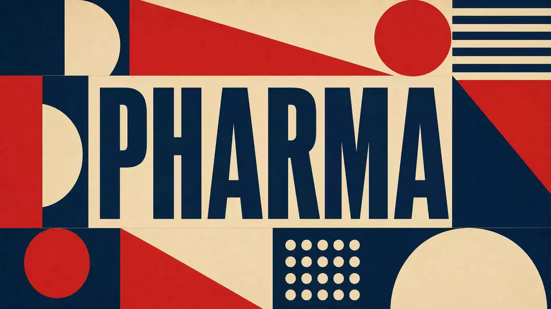 Geometrisches Bauhaus-Poster mit dem Wort PHARMA in kräftigen Farben
