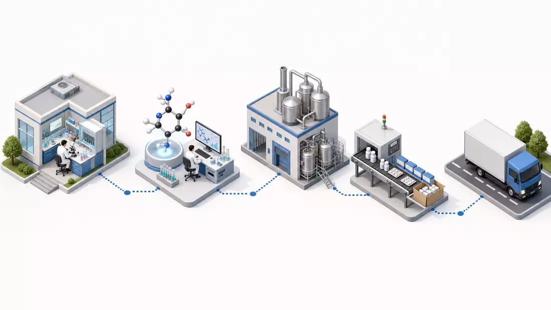 Isometrische 3D-Illustration einer pharmazeutischen Wertschöpfungskette mit Fabrik und Lastwagen