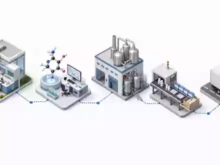 Isometrische 3D-Grafik der Wertschöpfungskette stellt Prozesse von Merck & Co. Inc., ISIN US58933Y1055, schematisch dar - Foto: THN