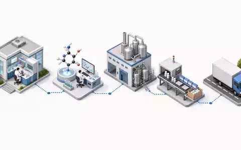 Isometrische 3D-Grafik der Wertschöpfungskette stellt Prozesse von Merck & Co. Inc., ISIN US58933Y1055, schematisch dar - Foto: THN