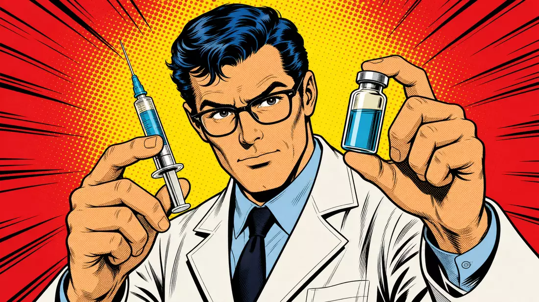 Bunte Pop-Art-Comic-Illustration eines Wissenschaftlers mit Spritze und Ampulle