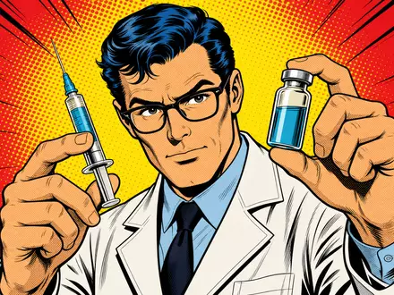 Pop-Art-Comic mit Laborwissenschaftler und Spritze illustriert Innovationskraft von Merck & Co. Inc., ISIN US58933Y1055 - Foto: THN