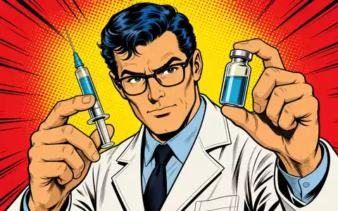 Pop-Art-Comic mit Laborwissenschaftler und Spritze illustriert Innovationskraft von Merck & Co. Inc., ISIN US58933Y1055 - Foto: THN
