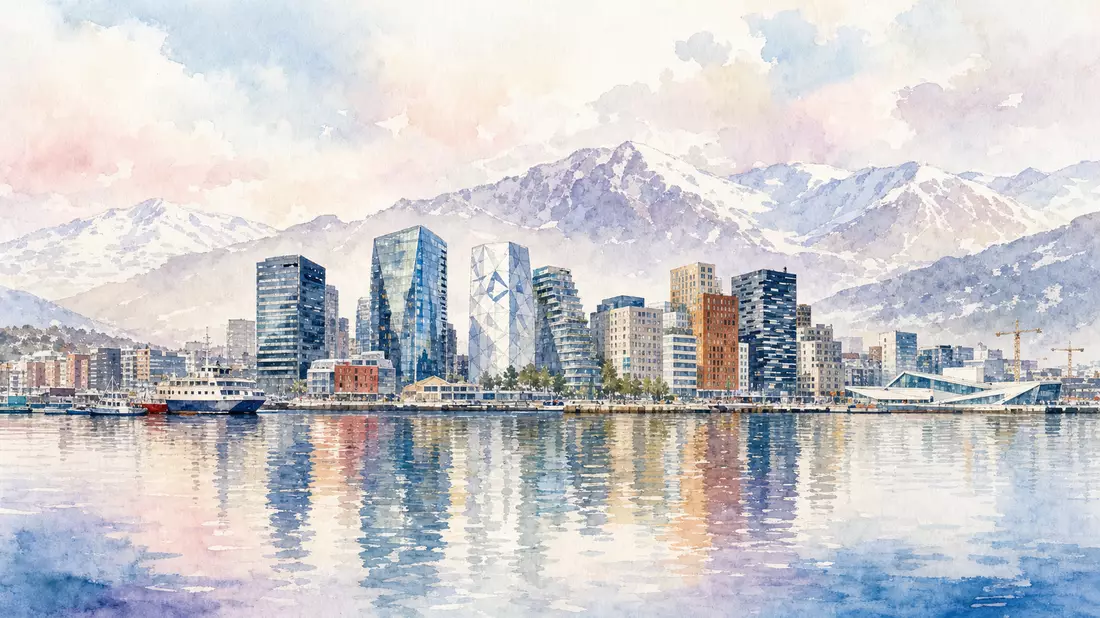 Aquarellmalerei einer skandinavischen Hafenstadt mit Bergen und Bürotürmen