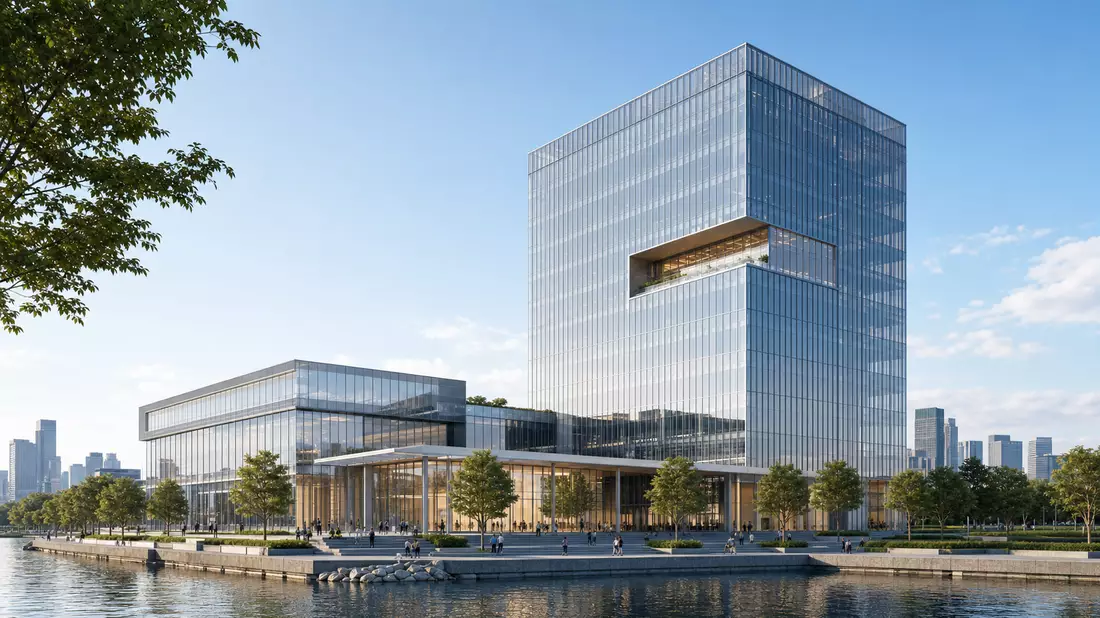 Architekturvisualisierung eines modernen Glas-Hochhauses am Wasser bei Tageslicht