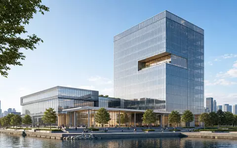 DNB Bank ASA (ISIN NO0010161896) visualisiert durch architektonisches Render eines modernen gläsernen Bankgebäudes am Wasser - Foto: THN