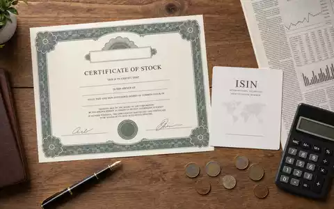 DNB Bank ASA (ISIN NO0010161896) repräsentiert durch Flatlay mit Aktienzertifikat, ISIN-Karte und Finanzutensilien auf Holztisch - Foto: THN
