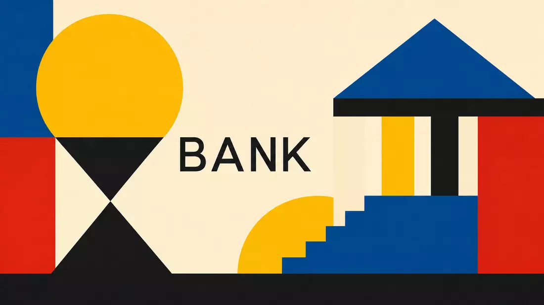 Geometrisches Bauhaus-Poster mit Formen und dem Sektor-Schriftzug BANK