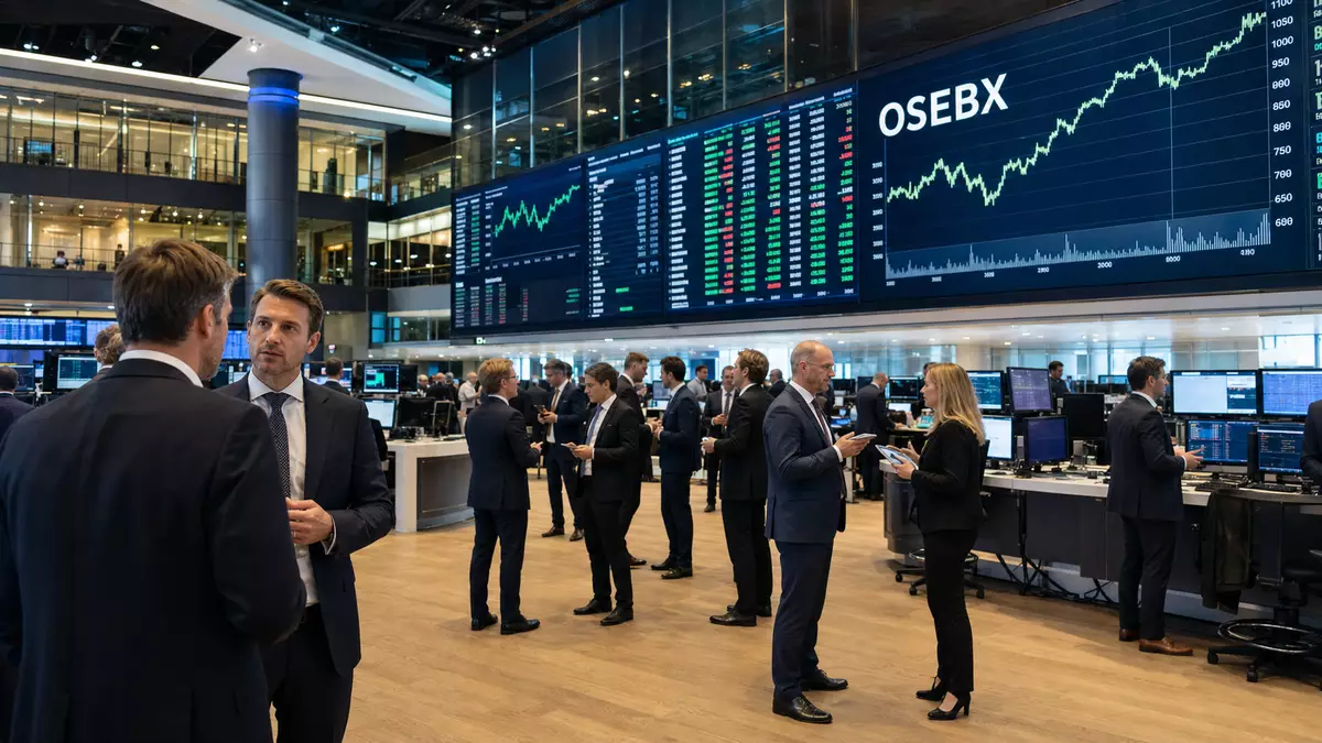 Börsen-Trading-Floor mit Kursbildschirmen und Index-Kürzel OSEBX, Fachleute im Gespräch