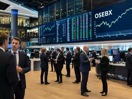 DNB Bank ASA (ISIN NO0010161896) gezeigt im Börsen-Editorial mit Handelsraum, Kursbildschirmen und dem Index-Kürzel OSEBX - Foto: THN