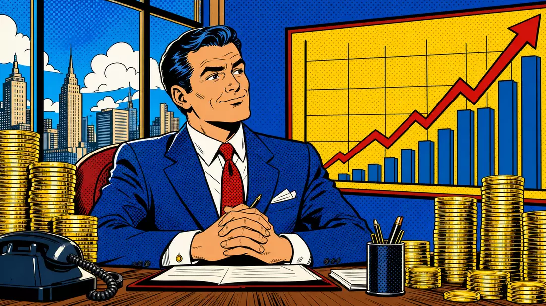 Pop-Art-Comic mit Banker am Schreibtisch, Münzstapeln und steigendem Kurspfeil