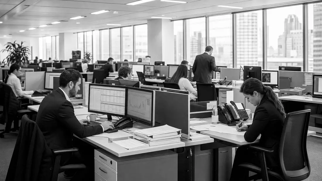 Schwarzweißfoto von Bankangestellten am Schreibtisch in modernem Büro