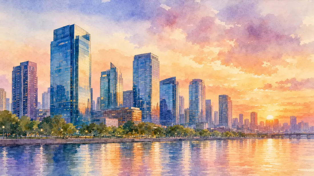 Aquarellmalerei eines Bürohochhaus-Viertels bei Sonnenuntergang in Paris