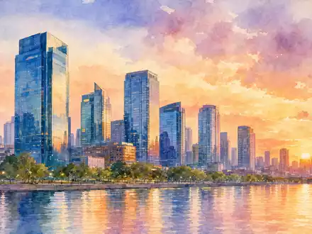 Aquarellbild inspiriert von Société Générale S.A. (FR0000130809) zeigt Pariser Geschäftsviertel La Défense in weichen Farben - Foto: THN