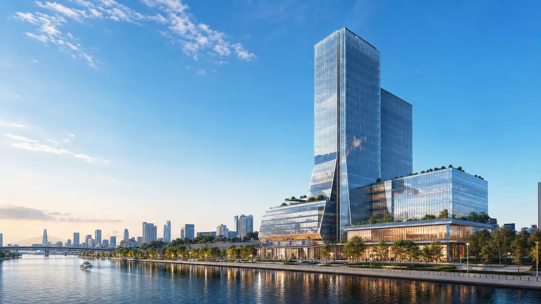 3D-Architekturrender eines futuristischen Glas-Bürohochhauses am Fluss