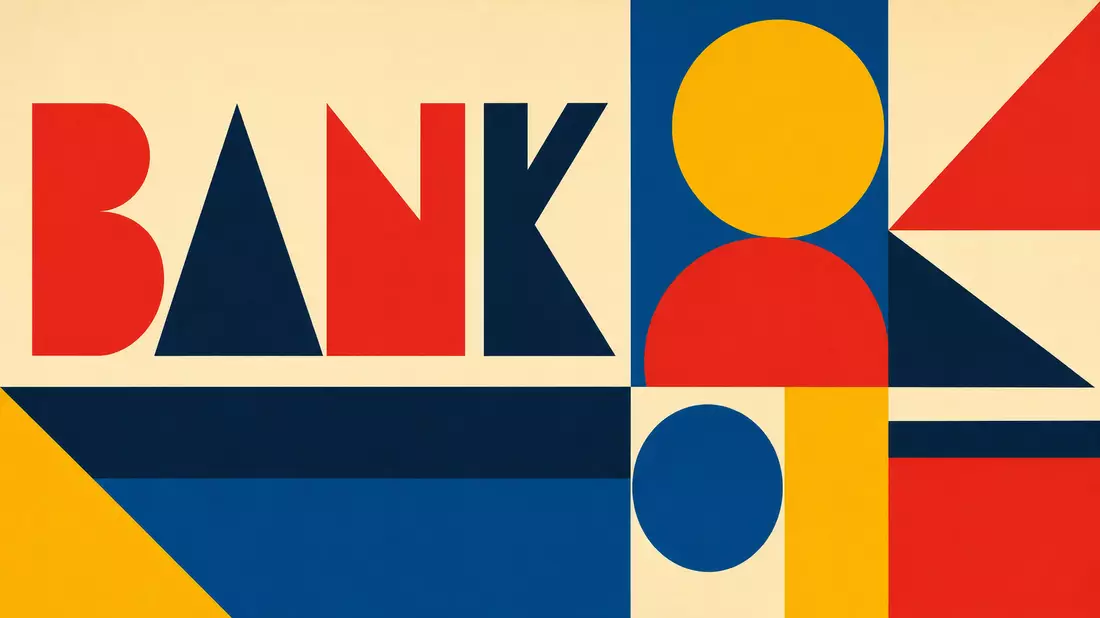 Bauhaus-Poster mit geometrischen Formen und dem Wort BANK in Rot und Gelb