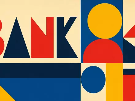 Bauhaus-Poster zu Société Générale S.A. (FR0000130809) zeigt geometrische Formen mit Sektor-Kürzel BANK in kräftigen Farben - Foto: THN