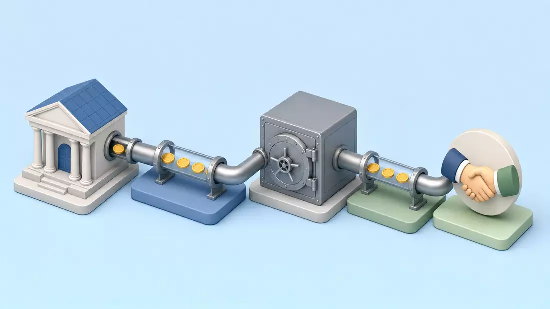 Isometrische 3D-Illustration einer Bank-Prozesskette mit Gebäuden und Symbolen