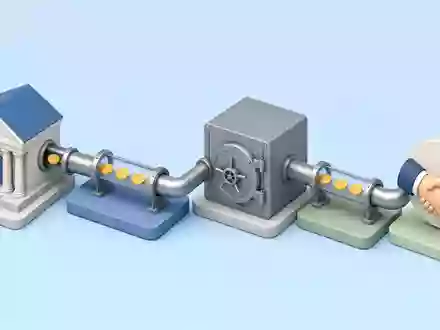 Isometrische 3D-Grafik zu Société Générale S.A. (FR0000130809) zeigt Wertschöpfungskette von Einlage bis Kredit schematisch - Foto: THN