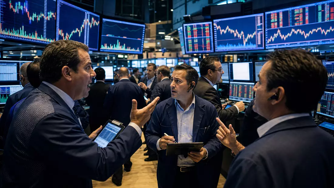 Trading-Floor mit großen Bildschirmen und Aktienkurs-Charts im Hintergrund
