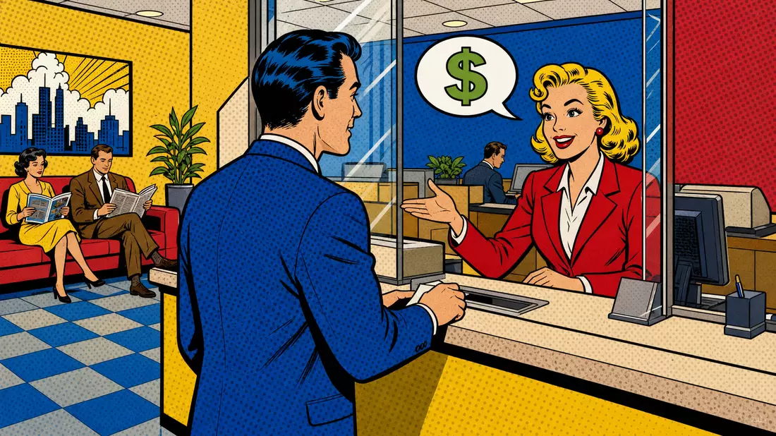 Bunte Pop-Art-Comic-Szene einer Bankfiliale mit Sprechblasen und Rastermuster
