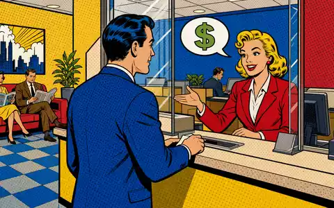 Pop-Art-Comic-Illustration zu Société Générale S.A. (FR0000130809) zeigt stilisierte Bankszene mit Comic-Sprechblasen und Farben - Foto: THN