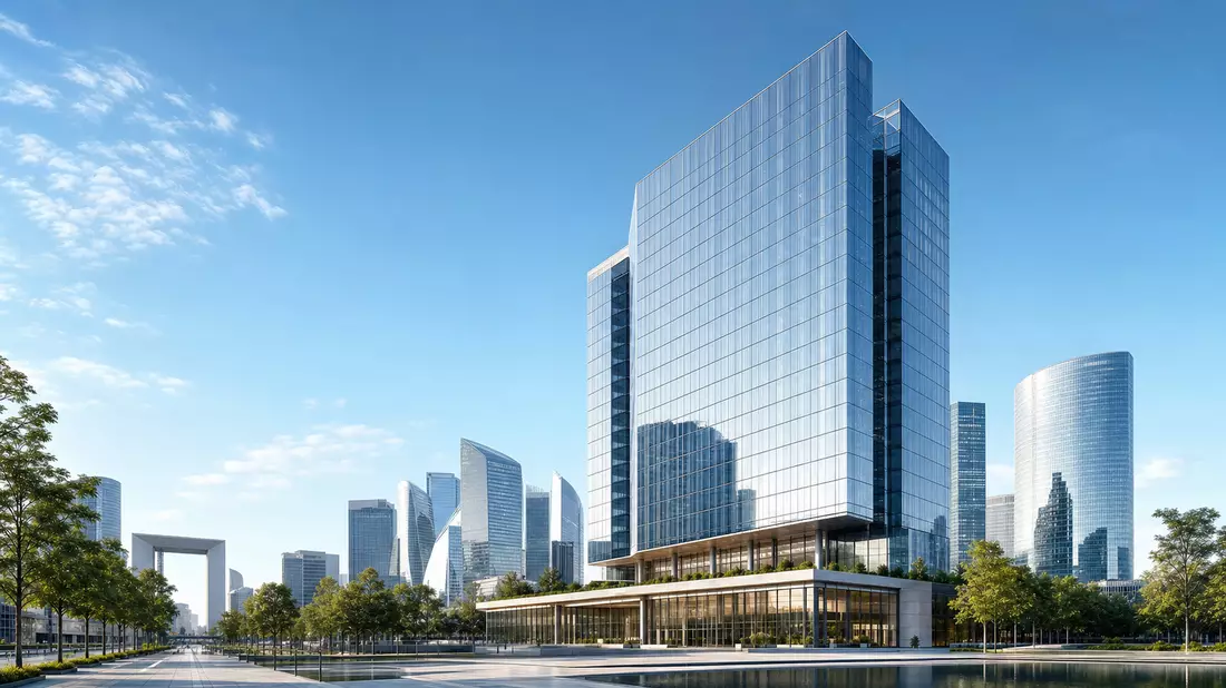 3D-Render eines modernen Glashochhauses in Pariser Bürodistrikt bei Tageslicht