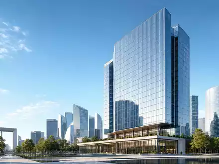 Architektur-Render eines gläsernen Hochhauses repräsentiert Crédit Agricole S.A. FR0000045072 als bedeutende französische Großbank im Finanzviertel - Foto: THN