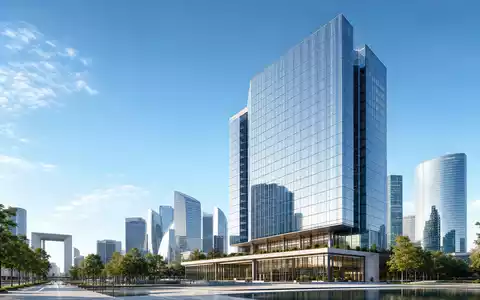 Architektur-Render eines gläsernen Hochhauses repräsentiert Crédit Agricole S.A. FR0000045072 als bedeutende französische Großbank im Finanzviertel - Foto: THN