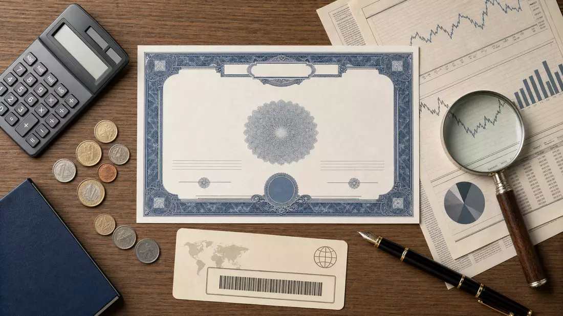 Flatlay-Aufnahme von Aktienzertifikat, Lupe, Münzen und Finanzdiagrammen auf Holztisch