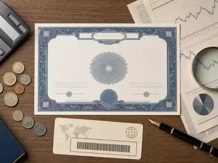 Flatlay mit Wertpapier und Finanzutensilien veranschaulicht Crédit Agricole S.A. FR0000045072 im Kontext klassischer Bankgeschäfte - Foto: THN