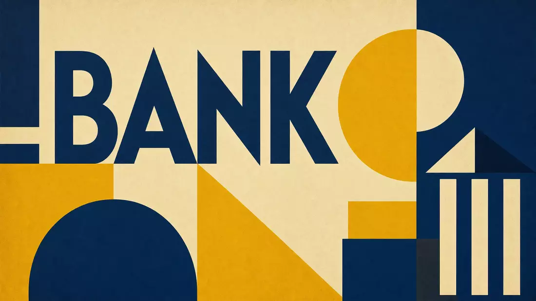Geometrisches Bauhaus-Poster in Blau und Gelb mit großem Schriftzug BANK
