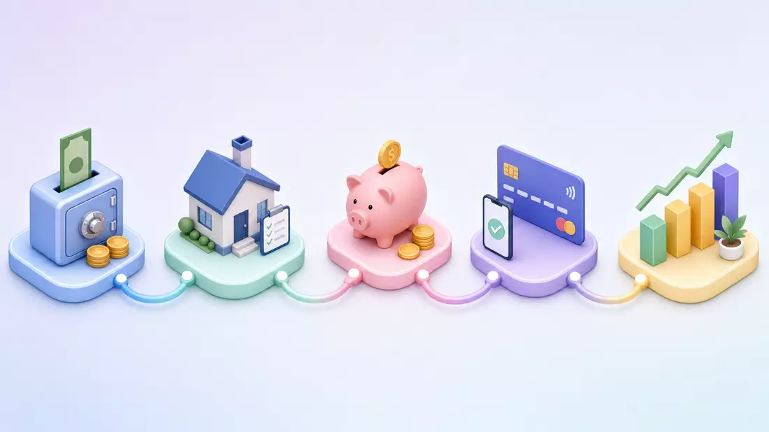 Isometrische 3D-Illustration einer Bank-Wertschöpfungskette mit Sparschwein und Kreditkarte